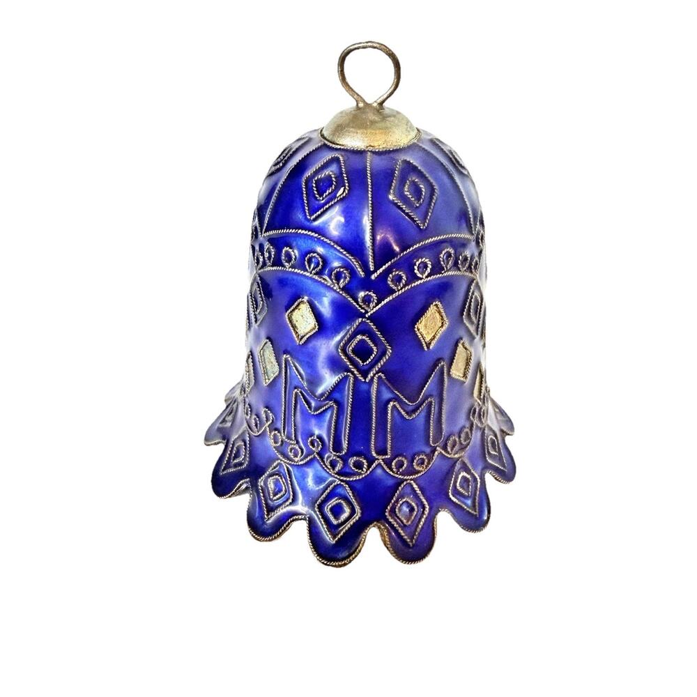 Cloisonne Bell Ornament MM Design Cobalt Blue and Pewter Enamel 3.5 Inch